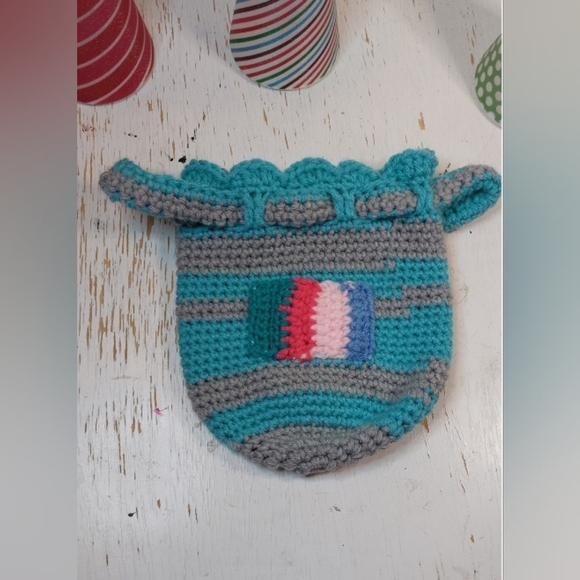 Turquoise and Grey Striped Pouch with Colorful Design Cute Gift Bag Boho Retro - Picture 6 of 8